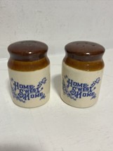 Vintage brown blue Ceramic Crock Home Sweet Home Salt and Pepper shakers... - £11.40 GBP