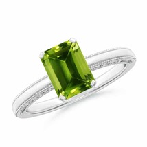 ANGARA Emerald Cut Peridot Solitaire Ring with Milgrain for Women in 14K Gold - £773.07 GBP