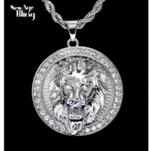 Mighty Lion Mens Iced Cz Round Pendant 24&quot; Chain Silver Plated Hip Hop Jewelry - £7.15 GBP