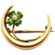 Antique Art Nouveau 14K Gold Crescent Moon Enamel Four Leaf Clover Pin Brooch - £128.51 GBP