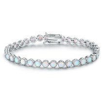Women&#39;s 3mm Round Fire Opal Tennis Bracelet in 14K White Gold Plated Silver 7&quot; - £133.09 GBP