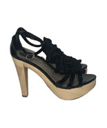 Womens Fergie Henney Black Ruffled T Strap Wood Platform High Heel Sanda... - $39.59