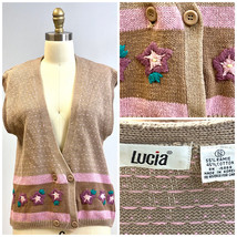 Retro 80s Lucia S Embroidered Sleeveless Knit DB Sweater Vest Beige Pink... - $801.80 MXN