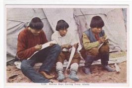 Eskimo Boys Carving Ivory Alaska 1920s postcard - £4.29 GBP