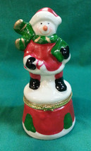 Ceramic Hand Painted Snowman In Santa Suit Trinket Box Christmas Decoration - £7.75 GBP