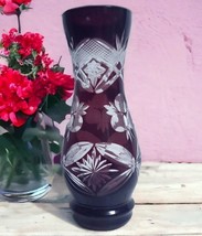 Vintage Czech Bohemian Ruby Red Cut to Clear Crystal 8&quot; Vase - $25.74
