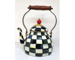 Mackenzie Childs Black White COURTLY CHECK Teapot Red Finial 2 QUART - £77.68 GBP