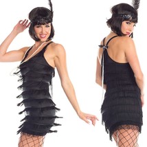 Flapper Costume Fringe Dress Faux Pearl Necklace Sequin Headband Black 1671 S/M - £29.97 GBP