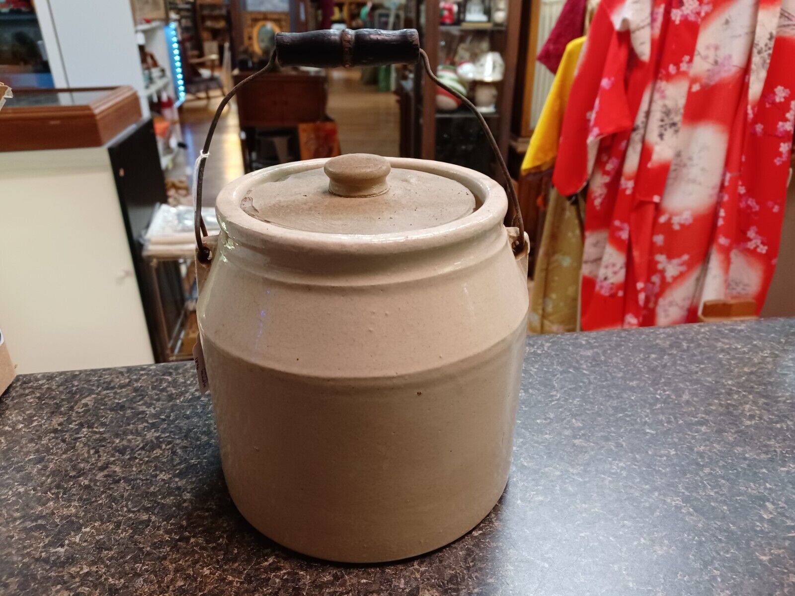 7&quot; Glaze Crock With Metal Wood  Handle 1896 - $49.49