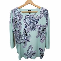 JM Collection | Mint Green Navy Blue White Paisley Print Top, size small - $18.37