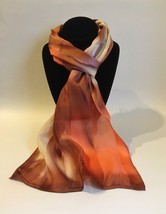 Hand Painted Silk Scarf Cream Peach Tan Brown Womens Rectangle Unique New Gift - £44.28 GBP