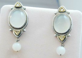 ESTATE Moonstone Uncut Diamonds Sterling &amp; Gilt Gold Dangle Earrings - $125.00