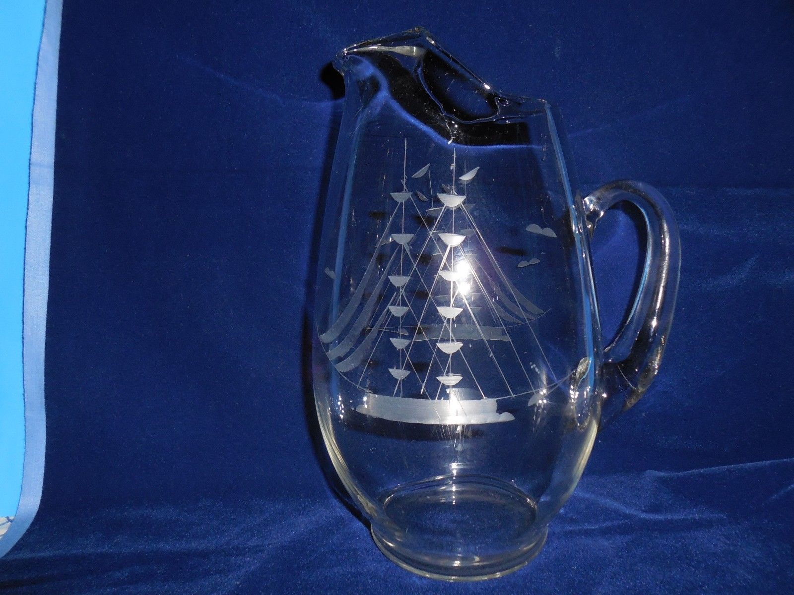 2-Masted Ship Etched 3 qt Crystal Pitcher with Ice-Lip Pouring Spout - $19.79