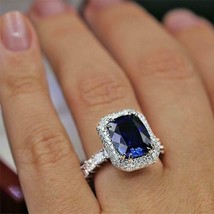 3 Ct Cushion Simulated Blue Sapphire 14k White Gold Plated Engagement Halo Ring - £87.23 GBP