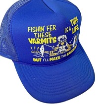 Comic Fishing Puff Print Blue Mesh Silkscreen Snapback Cap Trucker Hat Vintage - £12.54 GBP