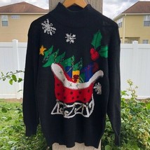 Vintage Christmas Sweater Beaded Oversized Black Ramie Small - $32.66