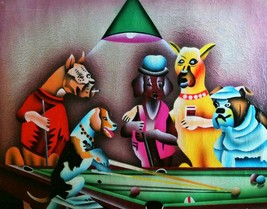 John T.-&quot;Dogs Playing Pool&quot;-ORIG Oil Painting/Canvas/Hand Signed/24&quot; x 20&quot; Image - £105.53 GBP