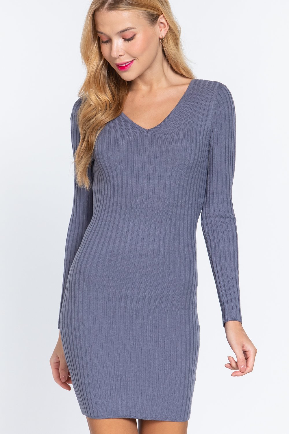 Primary image for Blue Long Sleeve V Neck Collar Sweater rib bodycon mini dress_