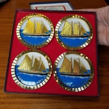 Norma And Gladys Schooner Boat Diamond Cut Coasters Gold Color 1968 Newf... - $19.34