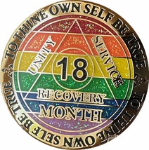 18 Month AA Medallion Rainbow Glitter Gold Plated LGBT Flag Sobriety Chip - £11.62 GBP