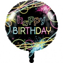 Glow Party Happy Birthday Foil Balloon 18&quot; Neon Glow Black Light Decoration - £8.60 GBP