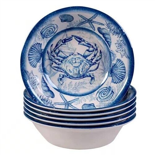 5-Piece Starfish Sea Shells Octopus Beach Dinner Bowl Set in Blue and White - $97.01