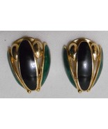 ORENA PARIS Vintage Gold Tone &amp; Black Green Enamel Tulip CLIP on EARRINGS  - £31.25 GBP