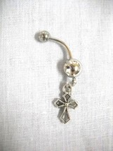 NEW RELIGIOUS CHRISTIAN CROSS SILOUETTE CHARM CZ BELLY BUTTON RING NAVEL... - $4.99