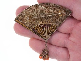 1930&#39;s Chinese Gilt Sterling Silver Enamel with Turquoise and coral fan brooch - £234.88 GBP