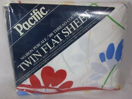 Vintage Pacific White Happy Flowers Floral Percale Twin Flat Sheet - £10.58 GBP