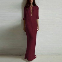 Burgandy Wine Long Sleeved Button Up V Neck Sheer Beach Tunic Lounger Robe image 1