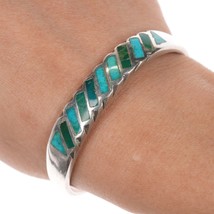 6.25&quot; Older Zuni sterling slant turquoise flush inlay cuff bracelet - $297.00