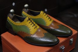 Men&#39;s Handmade Formal Shoes Multi Color Leather Lace Up Stylish Wing Tip... - $159.99