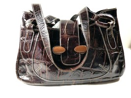 Italy Brown Croc Embossed Leather Satchel Shoulder Hand Bag Purse  - $89.10