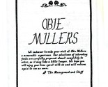 Obie Millers Restaurant Menu Lancaster Pennsylvania - £9.46 GBP