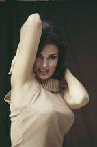 Raquel Welch busty studio pose with arms raised in sleeveless brown sweater 18x2 - £19.17 GBP