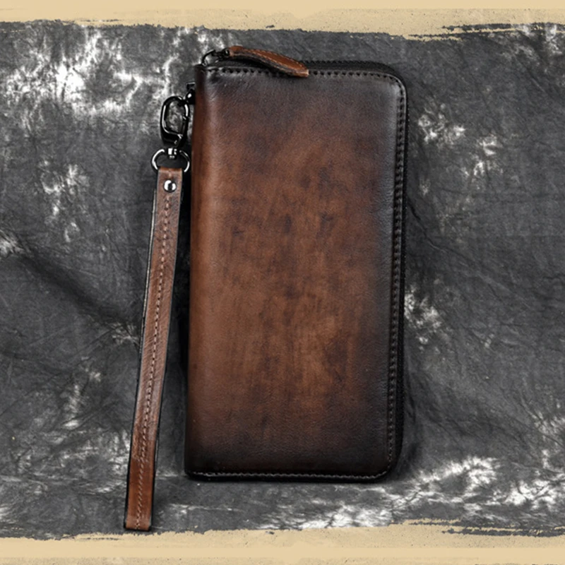 Horse leather long wallet for man card holder big zip around genuine leather cell phone thumb200