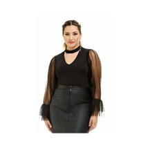 Women&#39;s Plus Size Ginny Sheer Pleated Sleeve Choker Bodysuit, 0X - £27.82 GBP