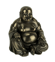 Bronze Finish Laughing Buddha Holding Beads and Bag Statue - £62.27 GBP