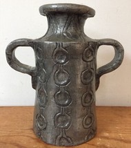 Vtg Mid Century 2 Handle Pewter Toned Abstract Geometric Pottery Flower Vase Jug - £99.68 GBP