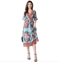 Summer V-neck sky blue dress vintage printed silk dress for ladies - £38.38 GBP
