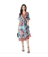 Summer V-neck sky blue dress vintage printed silk dress for ladies - $48.80