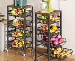 Fruit Basket For Kitchen, 5 Tier Large Pull-Out Wire Basket With Wood To... - $91.99
