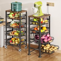 Fruit Basket For Kitchen, 5 Tier Large Pull-Out Wire Basket With Wood Top And Wh - £73.51 GBP