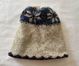 Vintage Eddie Bauer Oatmeal Blue Snowflake Wool Blend Knit Hat Made In The Usa - £19.18 GBP