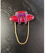 Red Hat Eyeglass Holder Pin Brooch Enameled Gold Tone Red Bow  - $16.45
