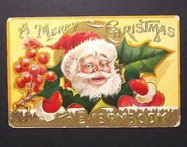 A Merry Christmas to Everybody Santa Holly Leaf Gold Embossed Postcard c1910 - £7.86 GBP