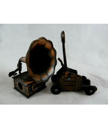 Vintage Die Cast Metal Copper Tone Pencil Sharpeners Gramaphone &amp; Catapult - $10.84 CAD