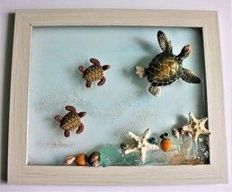 Turtle Hatchling art, resin coastal decor, beach, sea glass, shells star... - $40.00