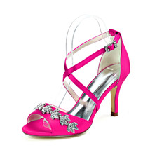 High Heels Satin Crystals Wedding Sandals Shoes Women Open Toe Ankle Buckle Stra - £80.21 GBP